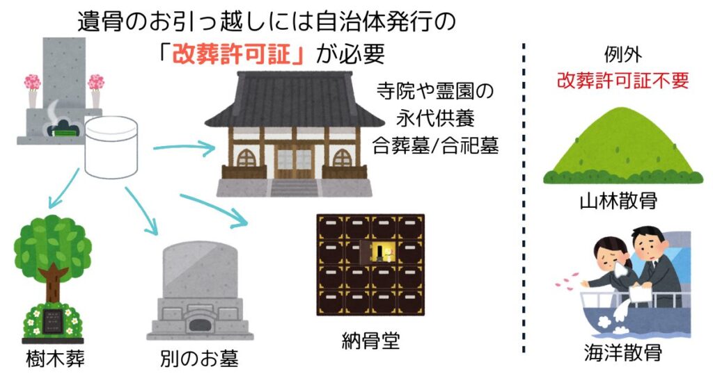 永代供養・樹木葬・納骨堂などへの改葬には「改葬許可証」が必要 山林散骨や海洋散骨には不要